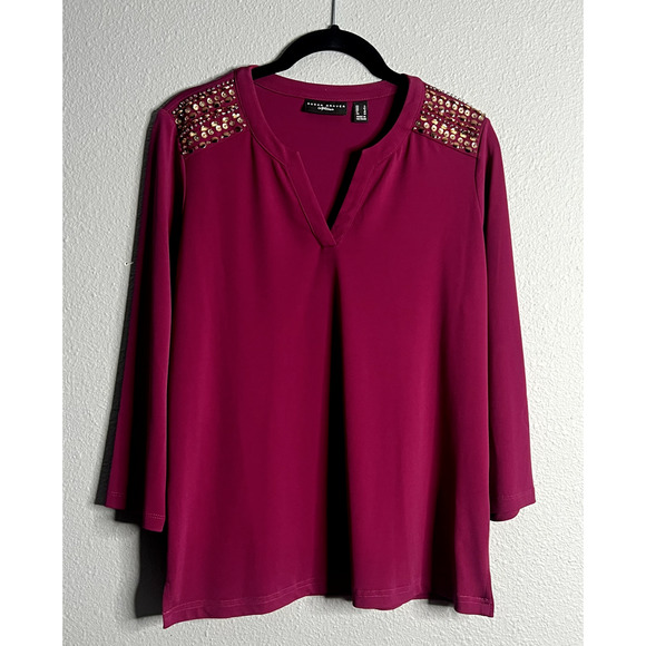 Susan Graver Artisan Womens Small Fuscia Jeweled Shoulder V- Neck Blouse Career - Picture 1 of 11